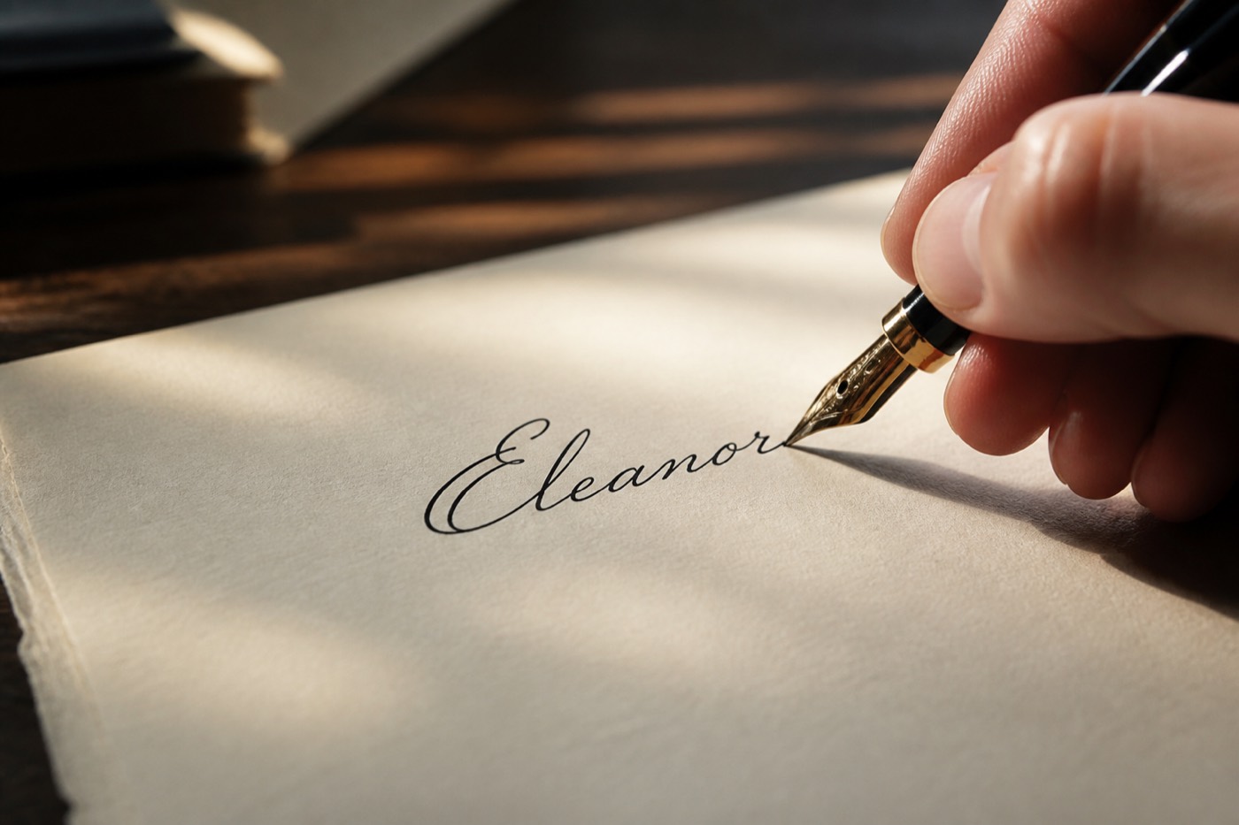 Cursive name generator examples for an Instagram bio, a printed yearbook name, and a tattoo script preview