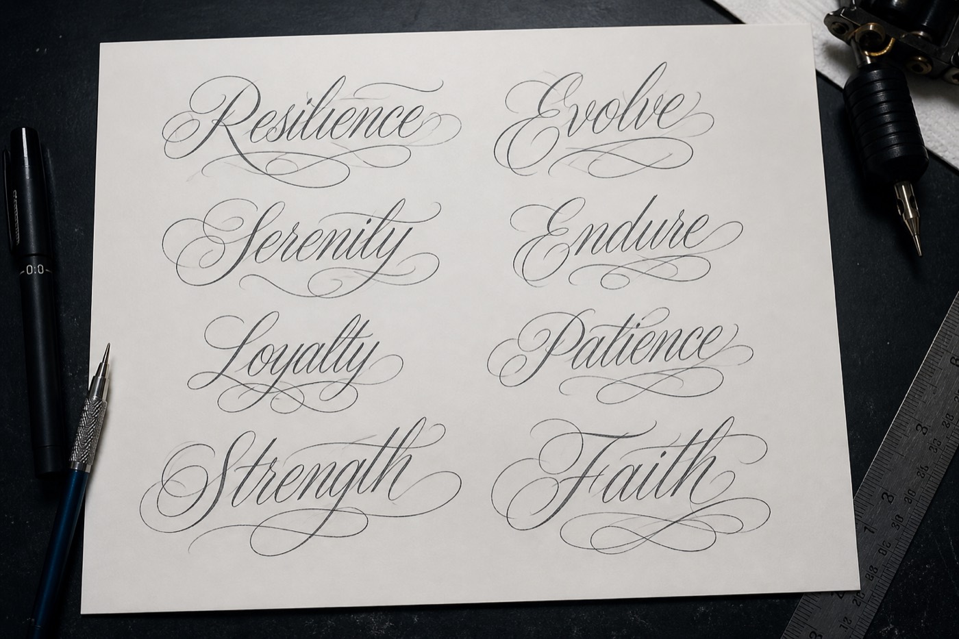 Text tattoo generator preview of cursive script, fine line, and calligraphy lettering before ink