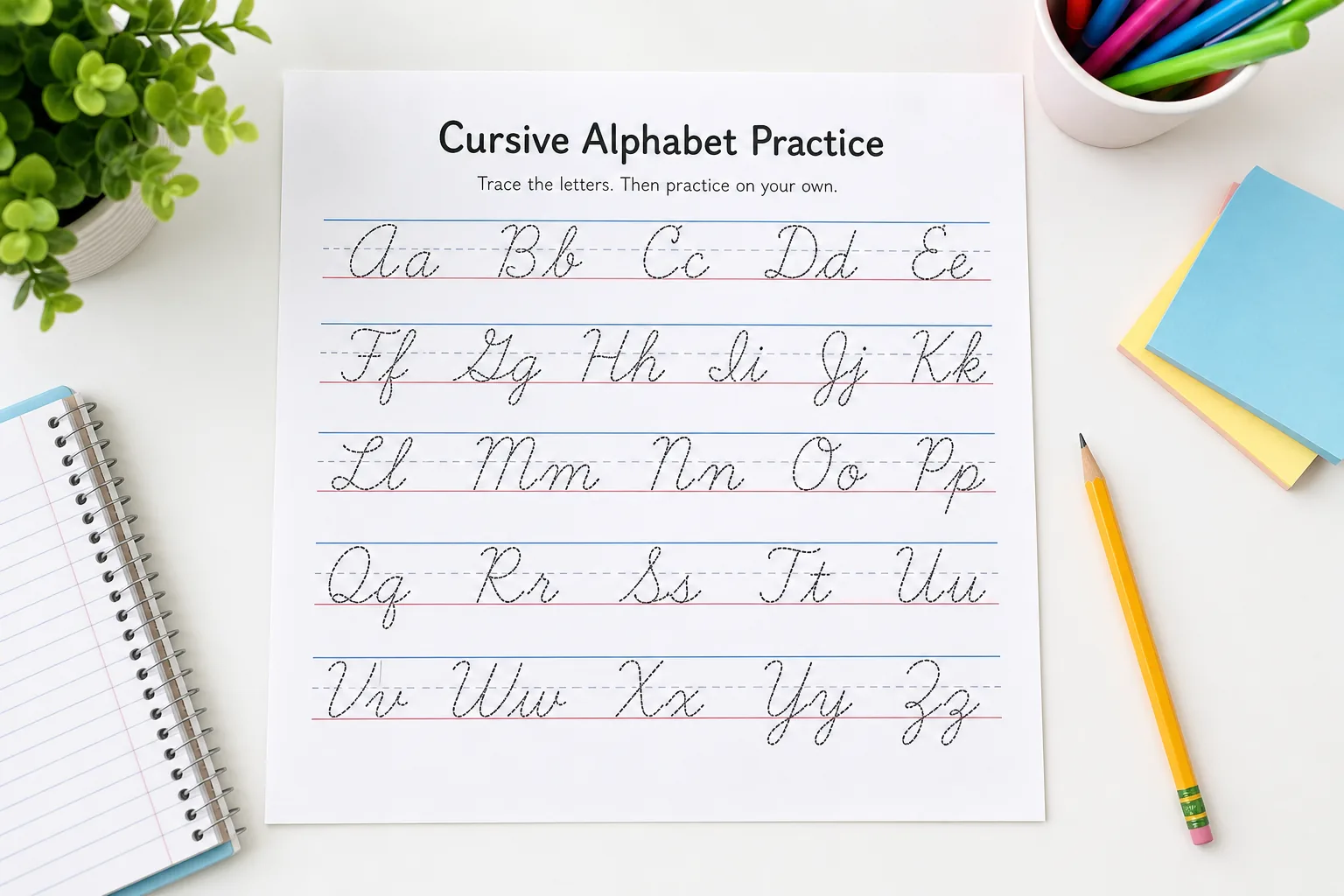 Illustrative cursive alphabet worksheet