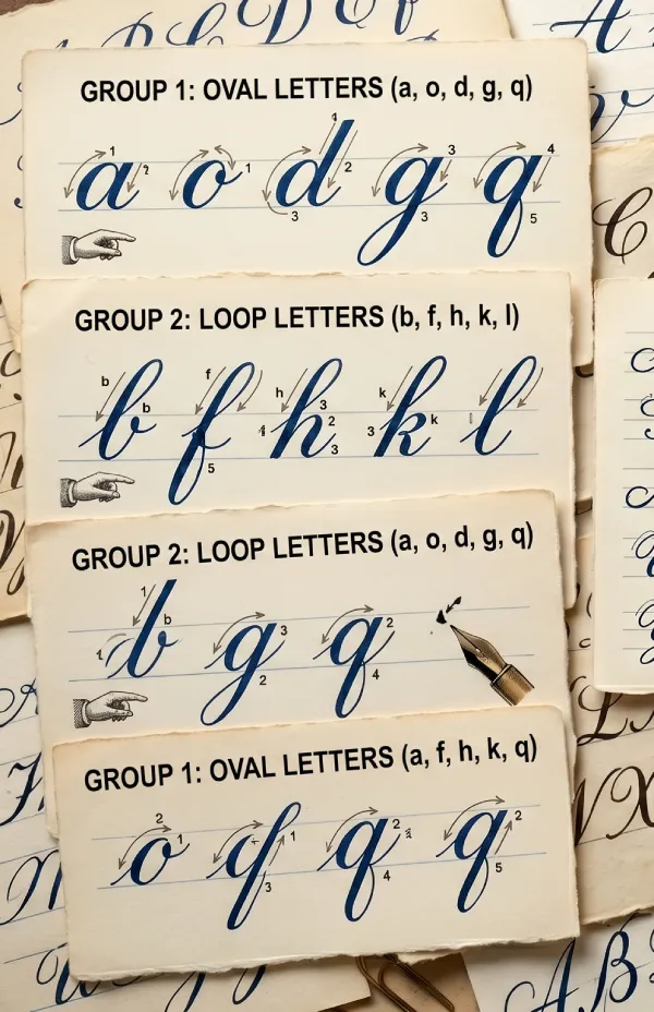 Instructional guide showing the correct stroke order for the cursive alphabet