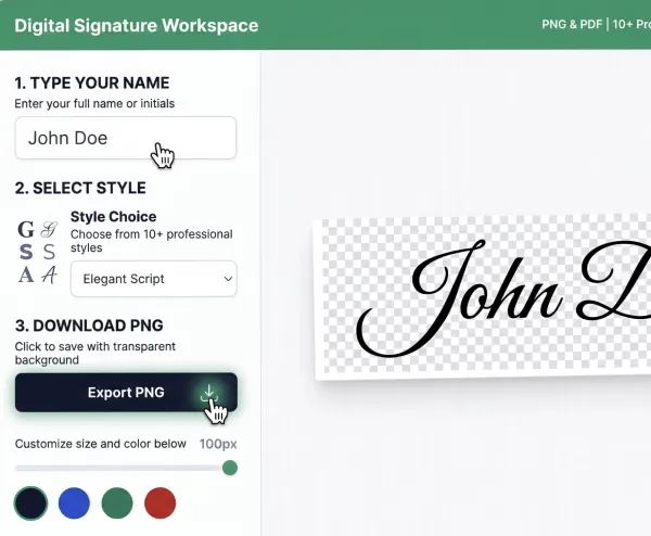 Professional online signature generator showing realistic handwritten e-signatures